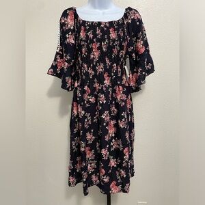 Floral Smocked Black Midi Dress‎ 3X Fairy Grunge Whimsigoth Dark Cottagecore